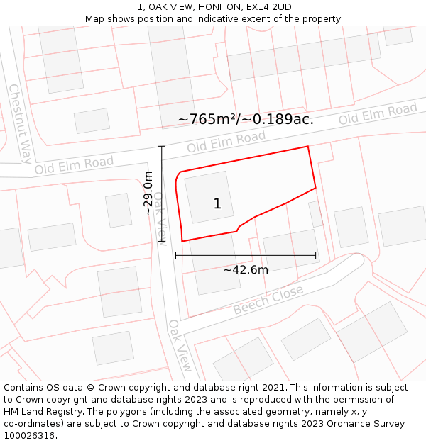 1, OAK VIEW, HONITON, EX14 2UD: Plot and title map