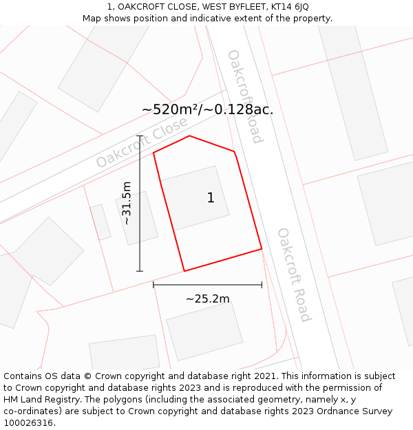1, OAKCROFT CLOSE, WEST BYFLEET, KT14 6JQ: Plot and title map