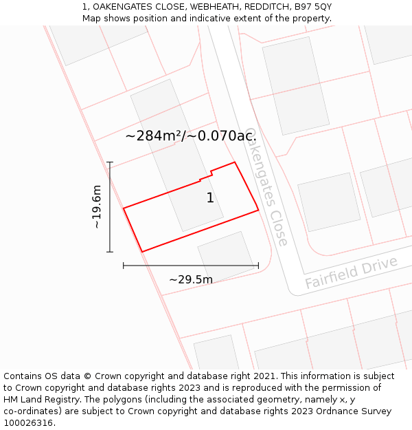 1, OAKENGATES CLOSE, WEBHEATH, REDDITCH, B97 5QY: Plot and title map