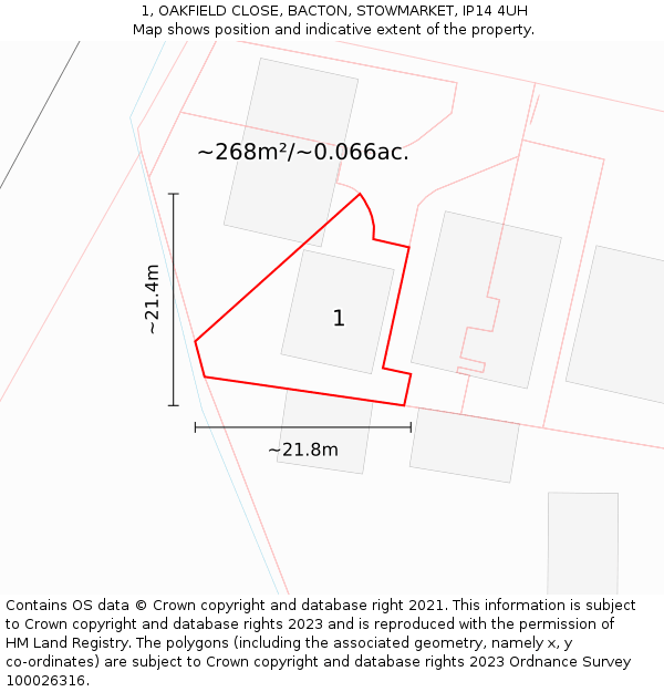 1, OAKFIELD CLOSE, BACTON, STOWMARKET, IP14 4UH: Plot and title map