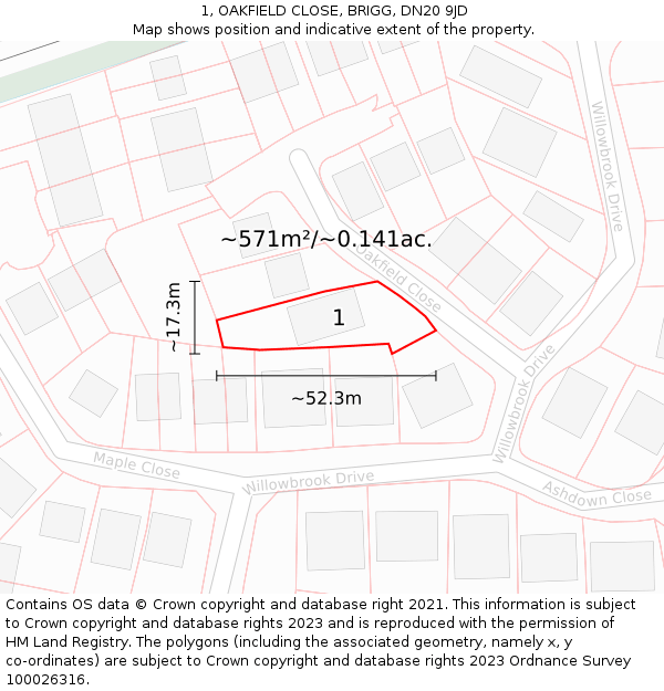 1, OAKFIELD CLOSE, BRIGG, DN20 9JD: Plot and title map