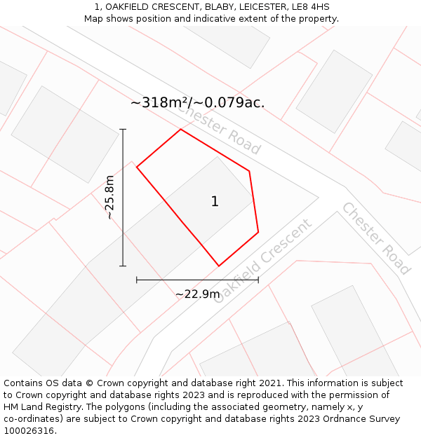 1, OAKFIELD CRESCENT, BLABY, LEICESTER, LE8 4HS: Plot and title map