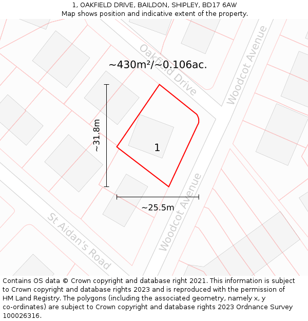 1, OAKFIELD DRIVE, BAILDON, SHIPLEY, BD17 6AW: Plot and title map