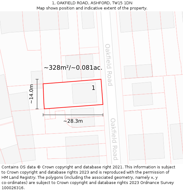 1, OAKFIELD ROAD, ASHFORD, TW15 1DN: Plot and title map