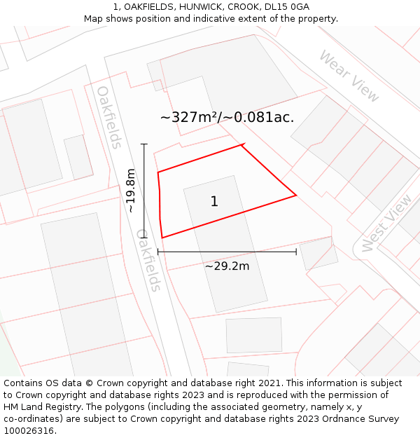 1, OAKFIELDS, HUNWICK, CROOK, DL15 0GA: Plot and title map