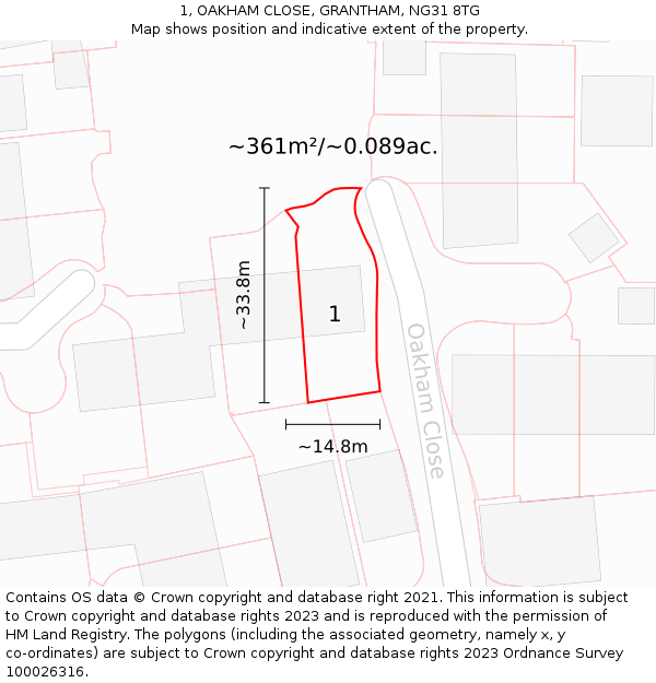 1, OAKHAM CLOSE, GRANTHAM, NG31 8TG: Plot and title map