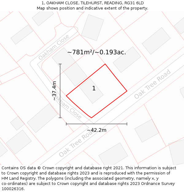 1, OAKHAM CLOSE, TILEHURST, READING, RG31 6LD: Plot and title map
