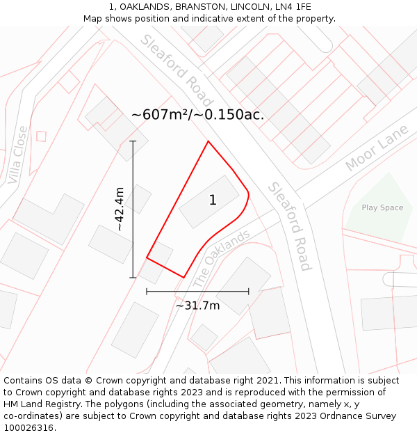 1, OAKLANDS, BRANSTON, LINCOLN, LN4 1FE: Plot and title map