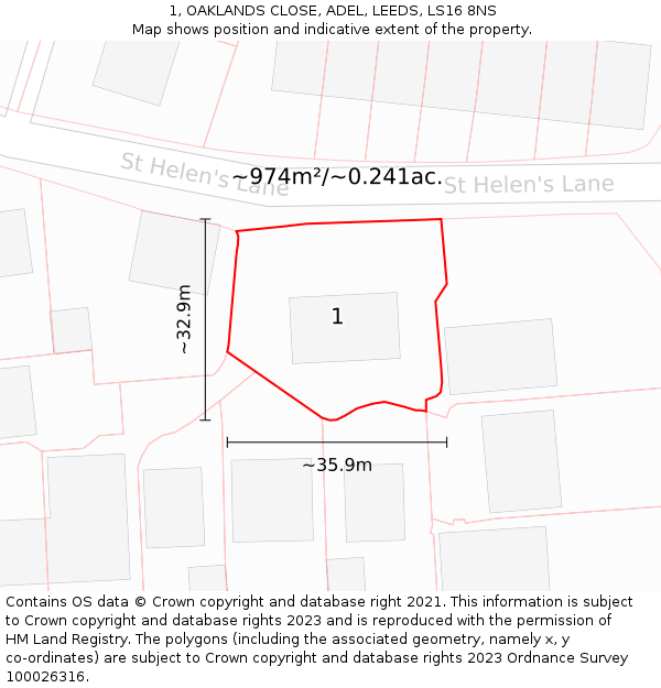 1, OAKLANDS CLOSE, ADEL, LEEDS, LS16 8NS: Plot and title map