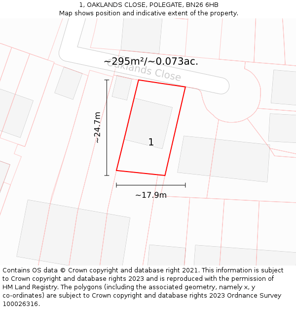 1, OAKLANDS CLOSE, POLEGATE, BN26 6HB: Plot and title map