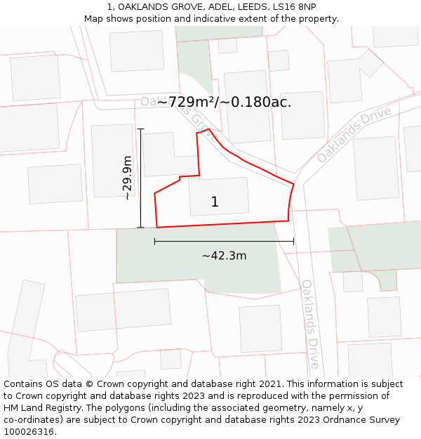 1, OAKLANDS GROVE, ADEL, LEEDS, LS16 8NP: Plot and title map