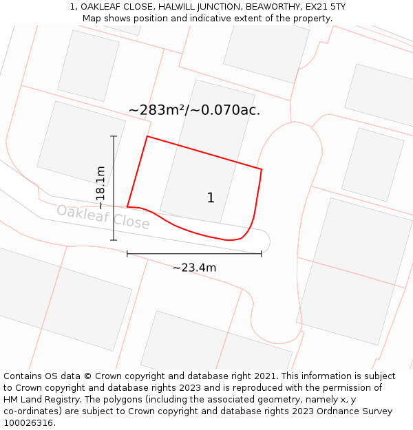 1, OAKLEAF CLOSE, HALWILL JUNCTION, BEAWORTHY, EX21 5TY: Plot and title map