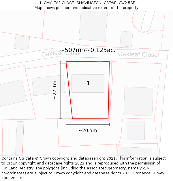 1, OAKLEAF CLOSE, SHAVINGTON, CREWE, CW2 5SF: Plot and title map