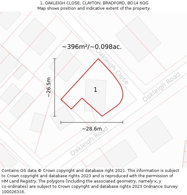 1, OAKLEIGH CLOSE, CLAYTON, BRADFORD, BD14 6QG: Plot and title map