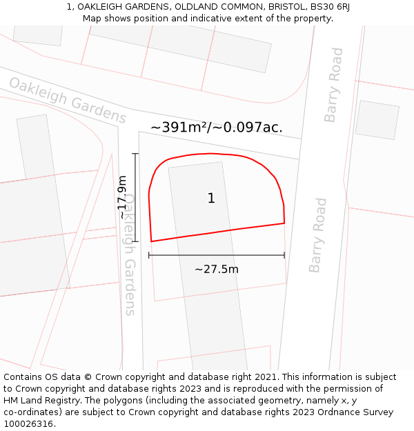 1, OAKLEIGH GARDENS, OLDLAND COMMON, BRISTOL, BS30 6RJ: Plot and title map