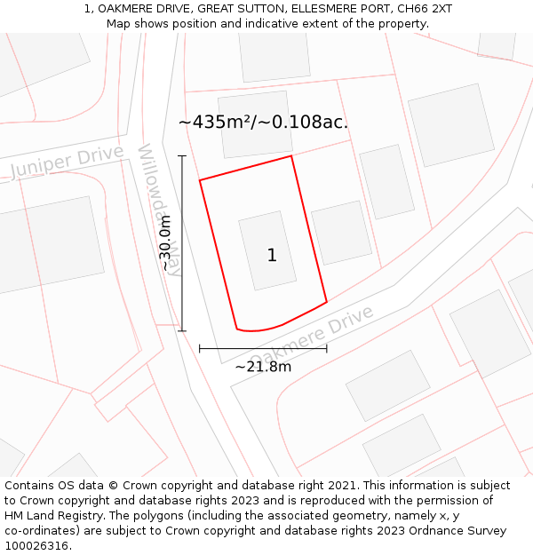 1, OAKMERE DRIVE, GREAT SUTTON, ELLESMERE PORT, CH66 2XT: Plot and title map