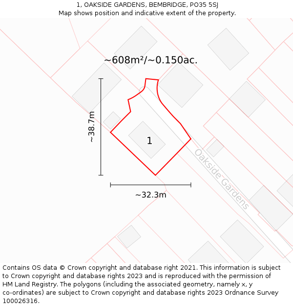 1, OAKSIDE GARDENS, BEMBRIDGE, PO35 5SJ: Plot and title map