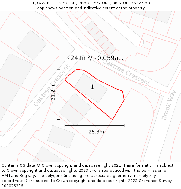 1, OAKTREE CRESCENT, BRADLEY STOKE, BRISTOL, BS32 9AB: Plot and title map