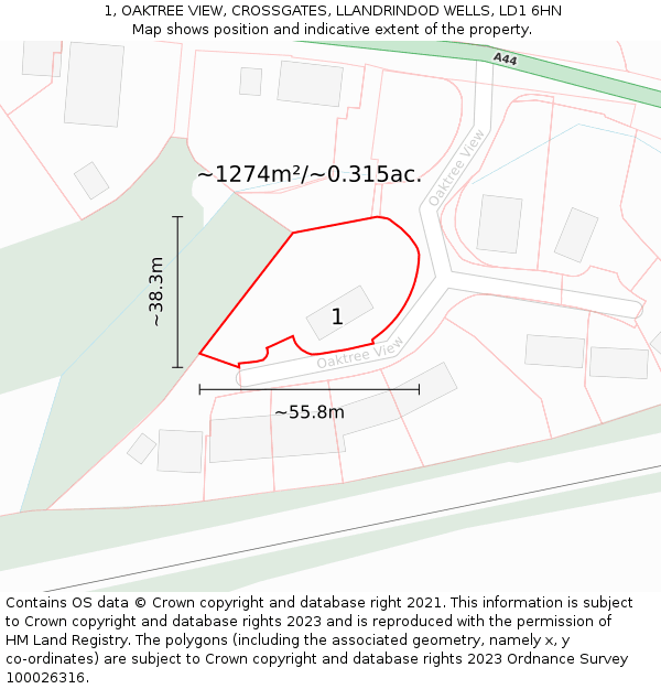 1, OAKTREE VIEW, CROSSGATES, LLANDRINDOD WELLS, LD1 6HN: Plot and title map