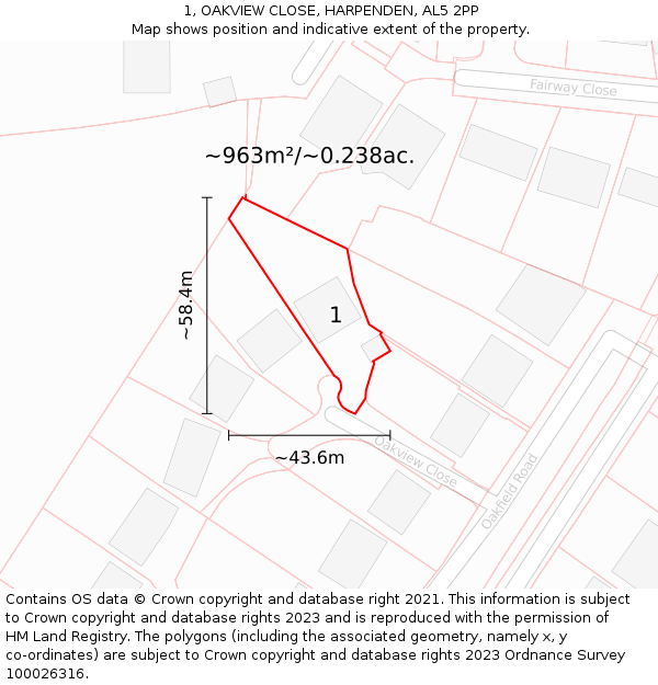 1, OAKVIEW CLOSE, HARPENDEN, AL5 2PP: Plot and title map