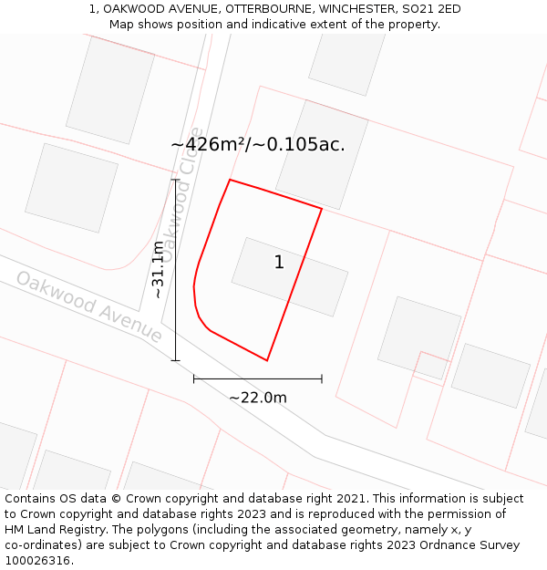 1, OAKWOOD AVENUE, OTTERBOURNE, WINCHESTER, SO21 2ED: Plot and title map