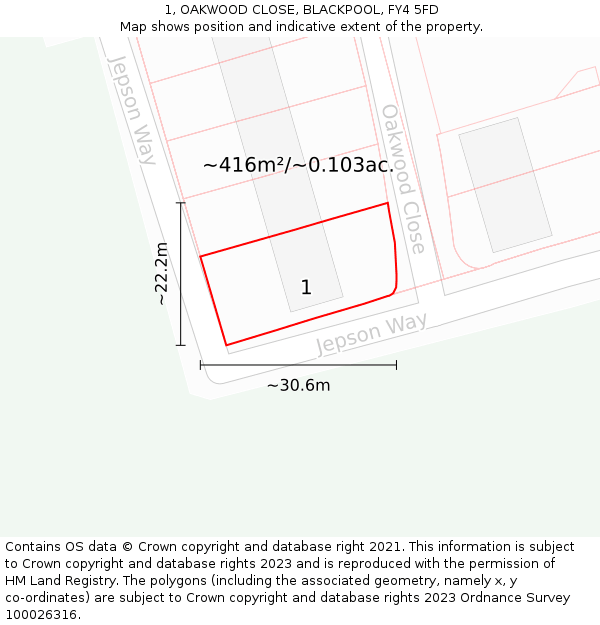 1, OAKWOOD CLOSE, BLACKPOOL, FY4 5FD: Plot and title map