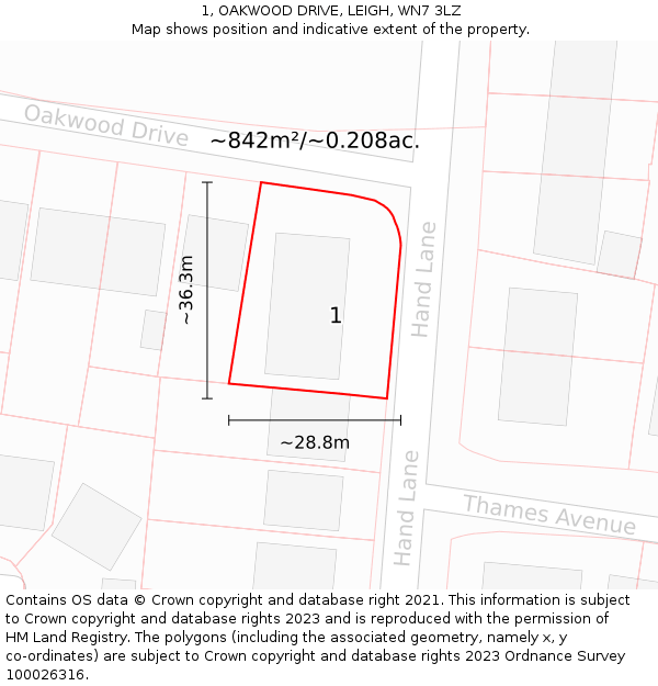 1, OAKWOOD DRIVE, LEIGH, WN7 3LZ: Plot and title map
