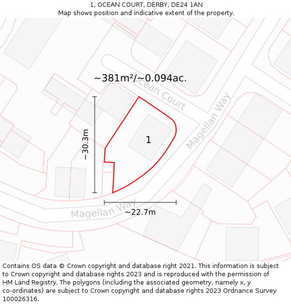1, OCEAN COURT, DERBY, DE24 1AN: Plot and title map