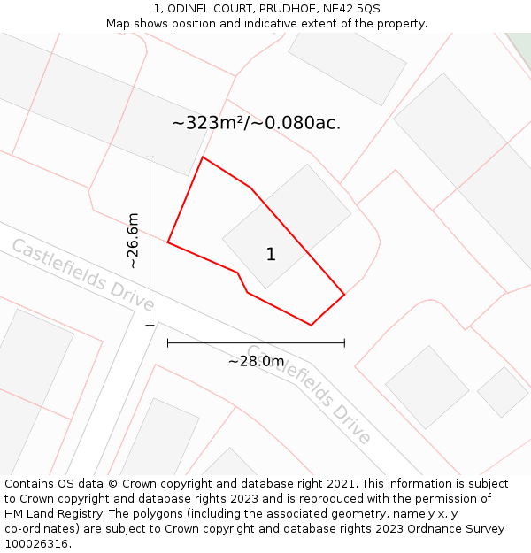 1, ODINEL COURT, PRUDHOE, NE42 5QS: Plot and title map