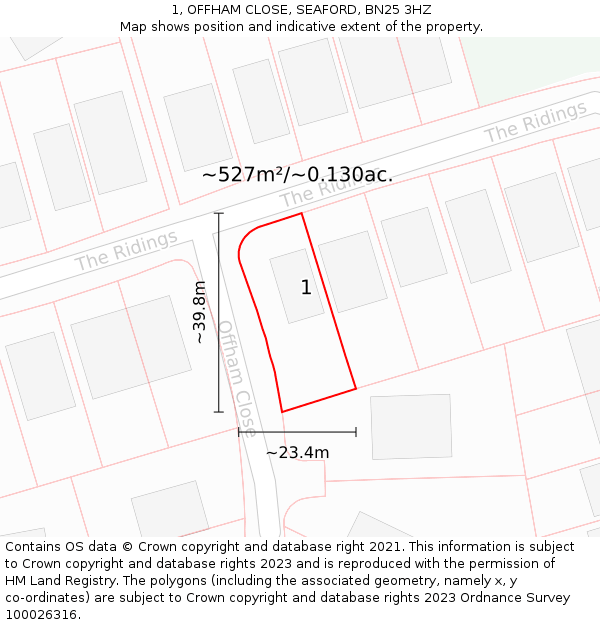 1, OFFHAM CLOSE, SEAFORD, BN25 3HZ: Plot and title map