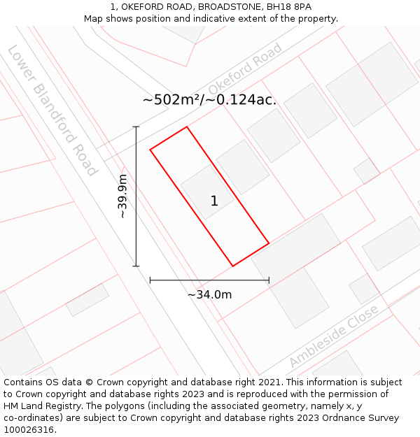 1, OKEFORD ROAD, BROADSTONE, BH18 8PA: Plot and title map