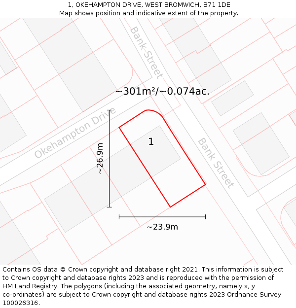 1, OKEHAMPTON DRIVE, WEST BROMWICH, B71 1DE: Plot and title map