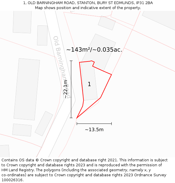 1, OLD BARNINGHAM ROAD, STANTON, BURY ST EDMUNDS, IP31 2BA: Plot and title map