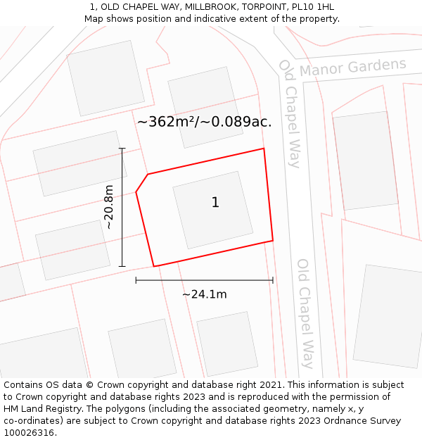 1, OLD CHAPEL WAY, MILLBROOK, TORPOINT, PL10 1HL: Plot and title map