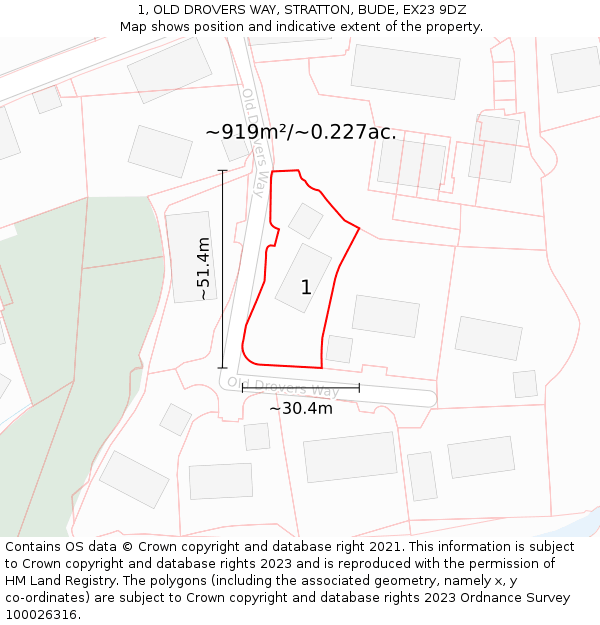 1, OLD DROVERS WAY, STRATTON, BUDE, EX23 9DZ: Plot and title map