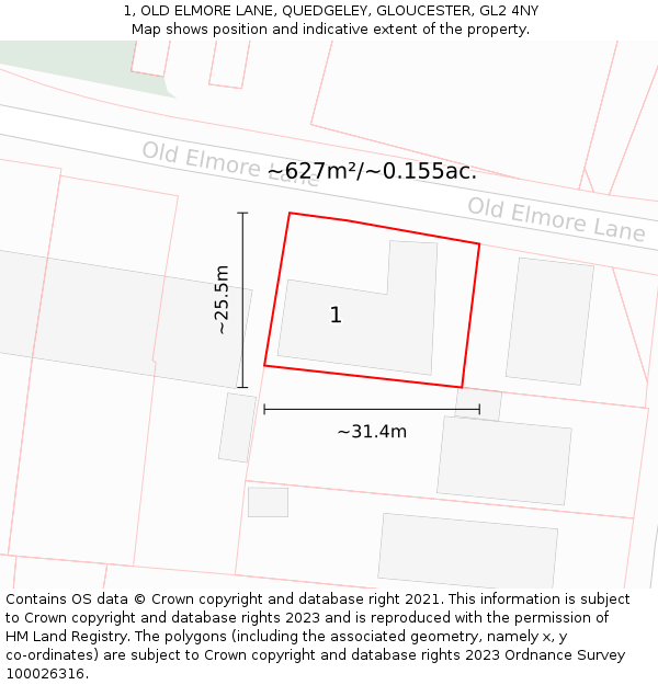 1, OLD ELMORE LANE, QUEDGELEY, GLOUCESTER, GL2 4NY: Plot and title map