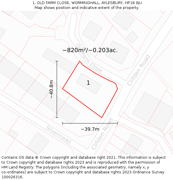 1, OLD FARM CLOSE, WORMINGHALL, AYLESBURY, HP18 9JU: Plot and title map