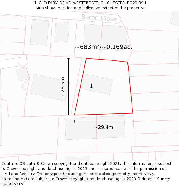 1, OLD FARM DRIVE, WESTERGATE, CHICHESTER, PO20 3YH: Plot and title map