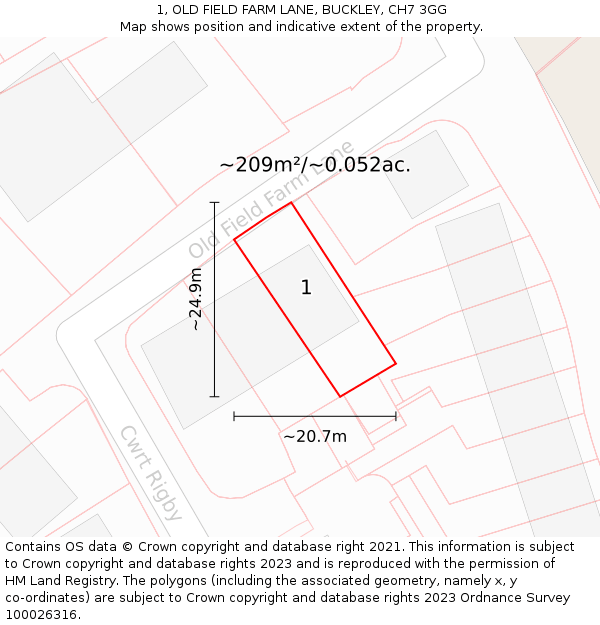 1, OLD FIELD FARM LANE, BUCKLEY, CH7 3GG: Plot and title map