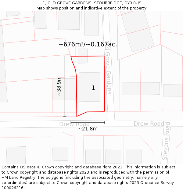1, OLD GROVE GARDENS, STOURBRIDGE, DY9 0US: Plot and title map