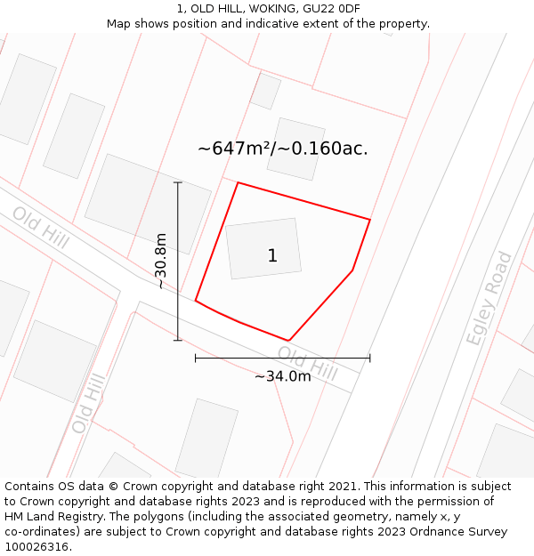 1, OLD HILL, WOKING, GU22 0DF: Plot and title map