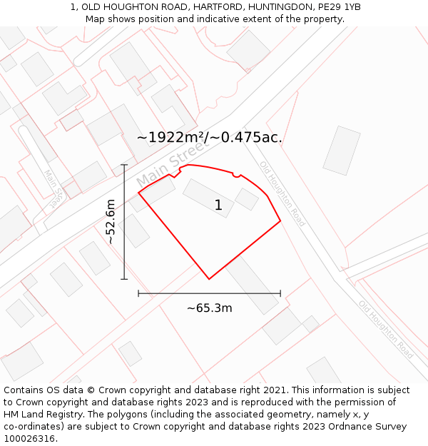 1, OLD HOUGHTON ROAD, HARTFORD, HUNTINGDON, PE29 1YB: Plot and title map