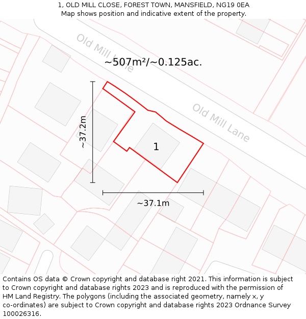 1, OLD MILL CLOSE, FOREST TOWN, MANSFIELD, NG19 0EA: Plot and title map