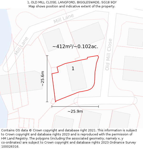 1, OLD MILL CLOSE, LANGFORD, BIGGLESWADE, SG18 9QY: Plot and title map