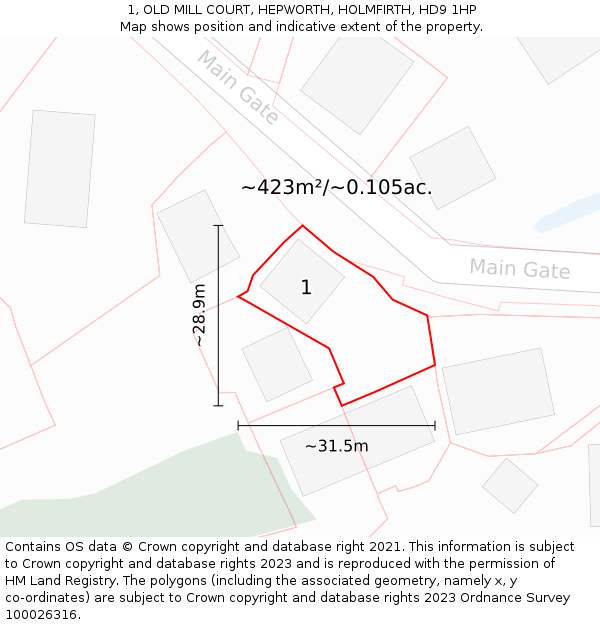 1, OLD MILL COURT, HEPWORTH, HOLMFIRTH, HD9 1HP: Plot and title map