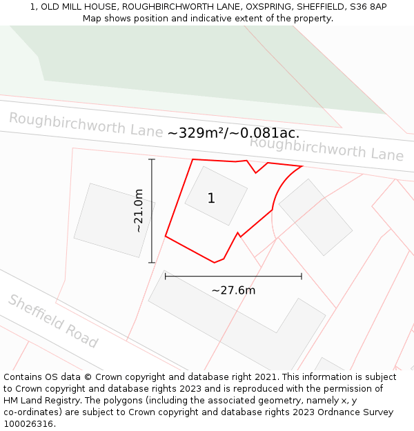 1, OLD MILL HOUSE, ROUGHBIRCHWORTH LANE, OXSPRING, SHEFFIELD, S36 8AP: Plot and title map