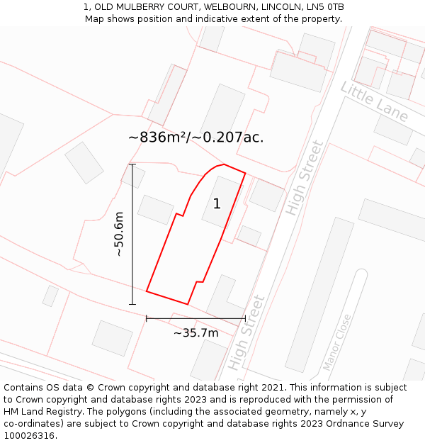 1, OLD MULBERRY COURT, WELBOURN, LINCOLN, LN5 0TB: Plot and title map