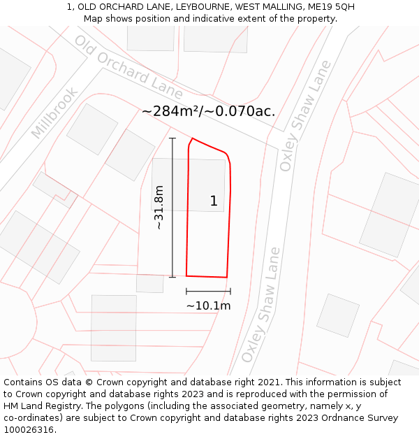 1, OLD ORCHARD LANE, LEYBOURNE, WEST MALLING, ME19 5QH: Plot and title map