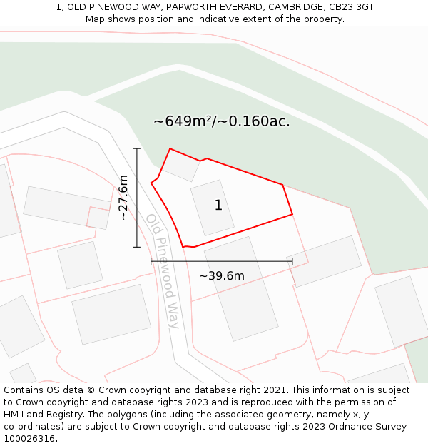 1, OLD PINEWOOD WAY, PAPWORTH EVERARD, CAMBRIDGE, CB23 3GT: Plot and title map