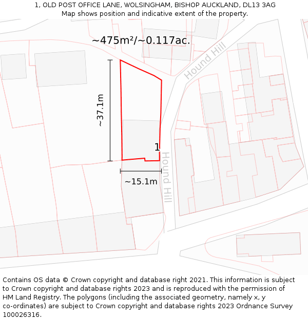 1, OLD POST OFFICE LANE, WOLSINGHAM, BISHOP AUCKLAND, DL13 3AG: Plot and title map